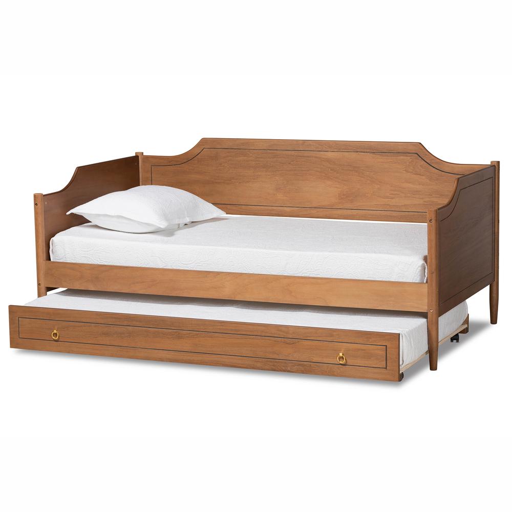 Farmhouse Walnut Brown Finished Wood Twin Size Daybed with Roll-Out Trundle Bed. Picture 14