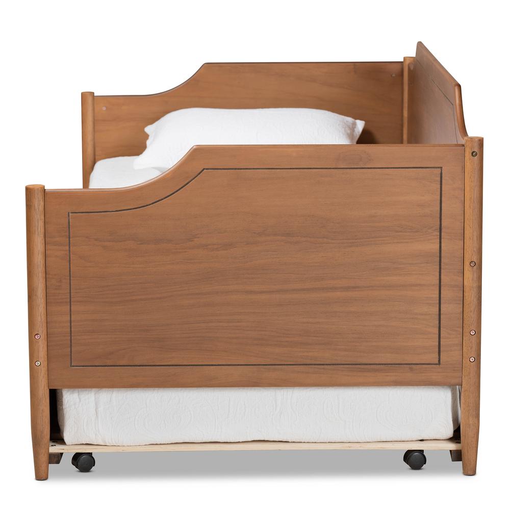 Farmhouse Walnut Brown Finished Wood Twin Size Daybed with Roll-Out Trundle Bed. Picture 15
