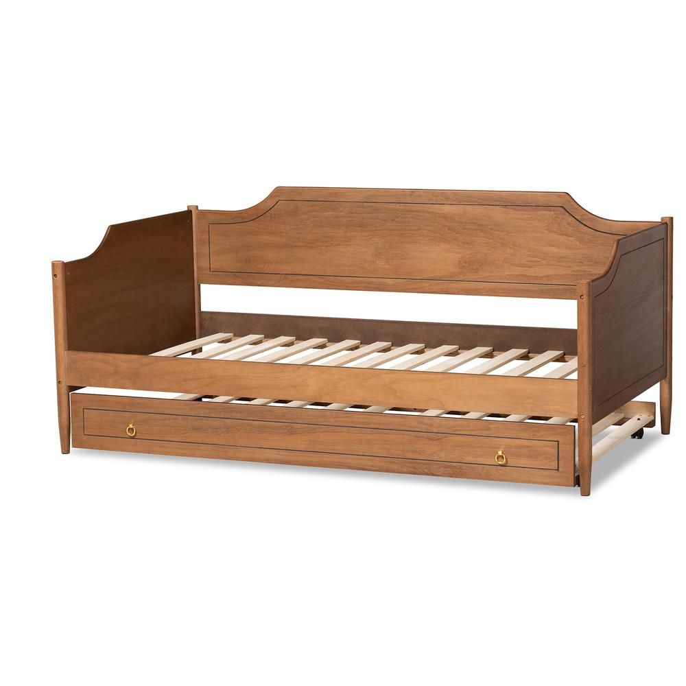 Farmhouse Walnut Brown Finished Wood Twin Size Daybed with Roll-Out Trundle Bed. Picture 16