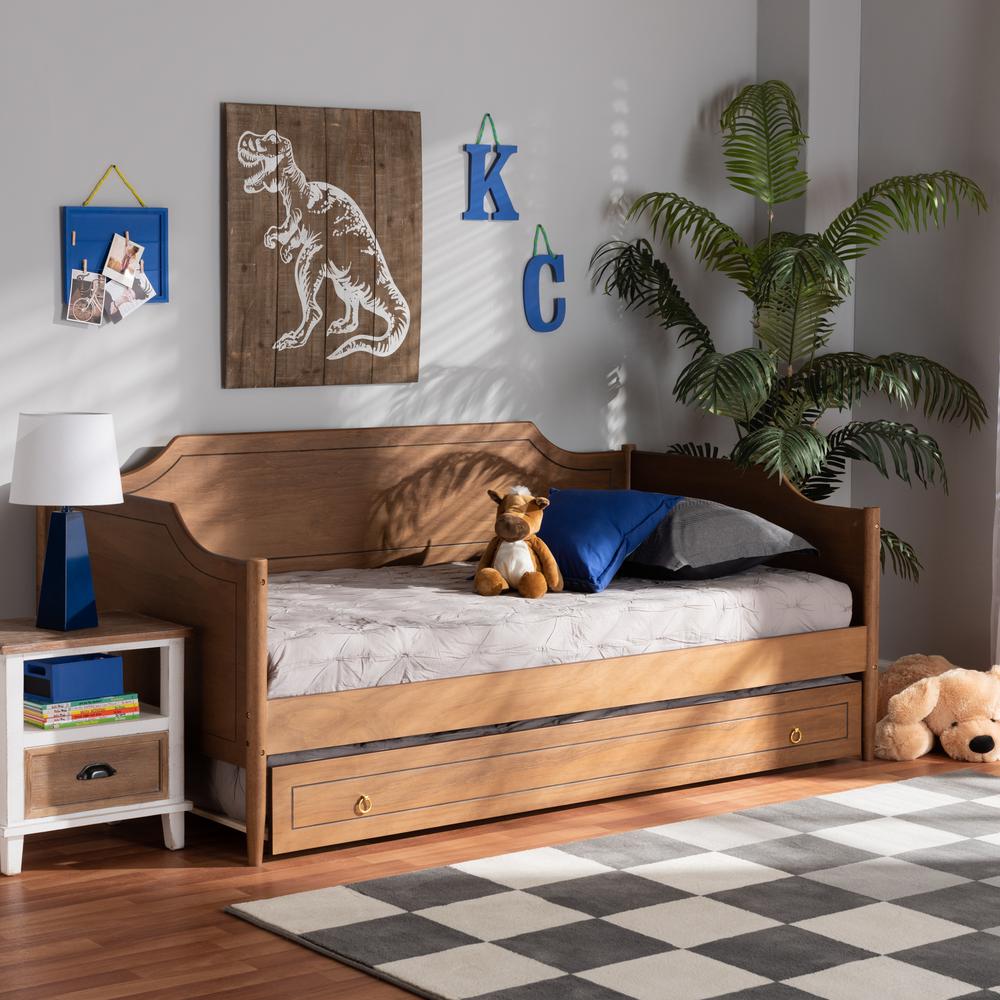 Farmhouse Walnut Brown Finished Wood Twin Size Daybed with Roll-Out Trundle Bed. Picture 21