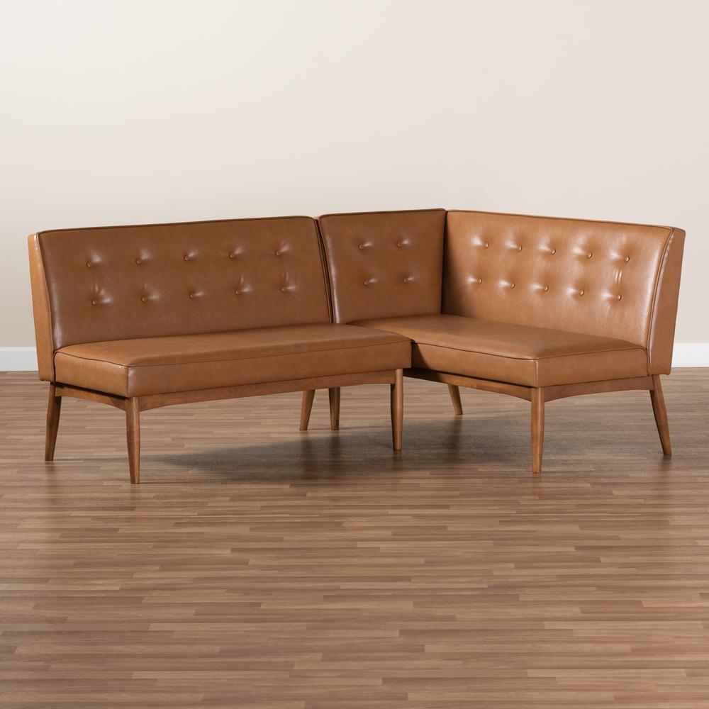 Leather Upholstered Walnut Brown Finished 2-Piece Wood Dining Nook Banquette Set. Picture 15