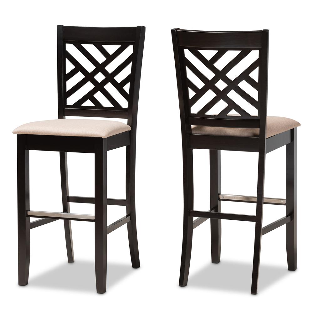 Sand Fabric Upholstered and Espresso Brown Finished Wood 2-Piece Bar Stool Set. Picture 10