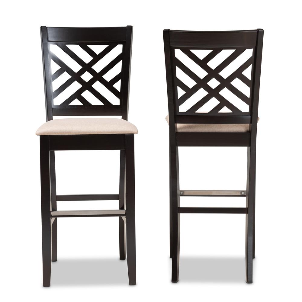 Sand Fabric Upholstered and Espresso Brown Finished Wood 2-Piece Bar Stool Set. Picture 11