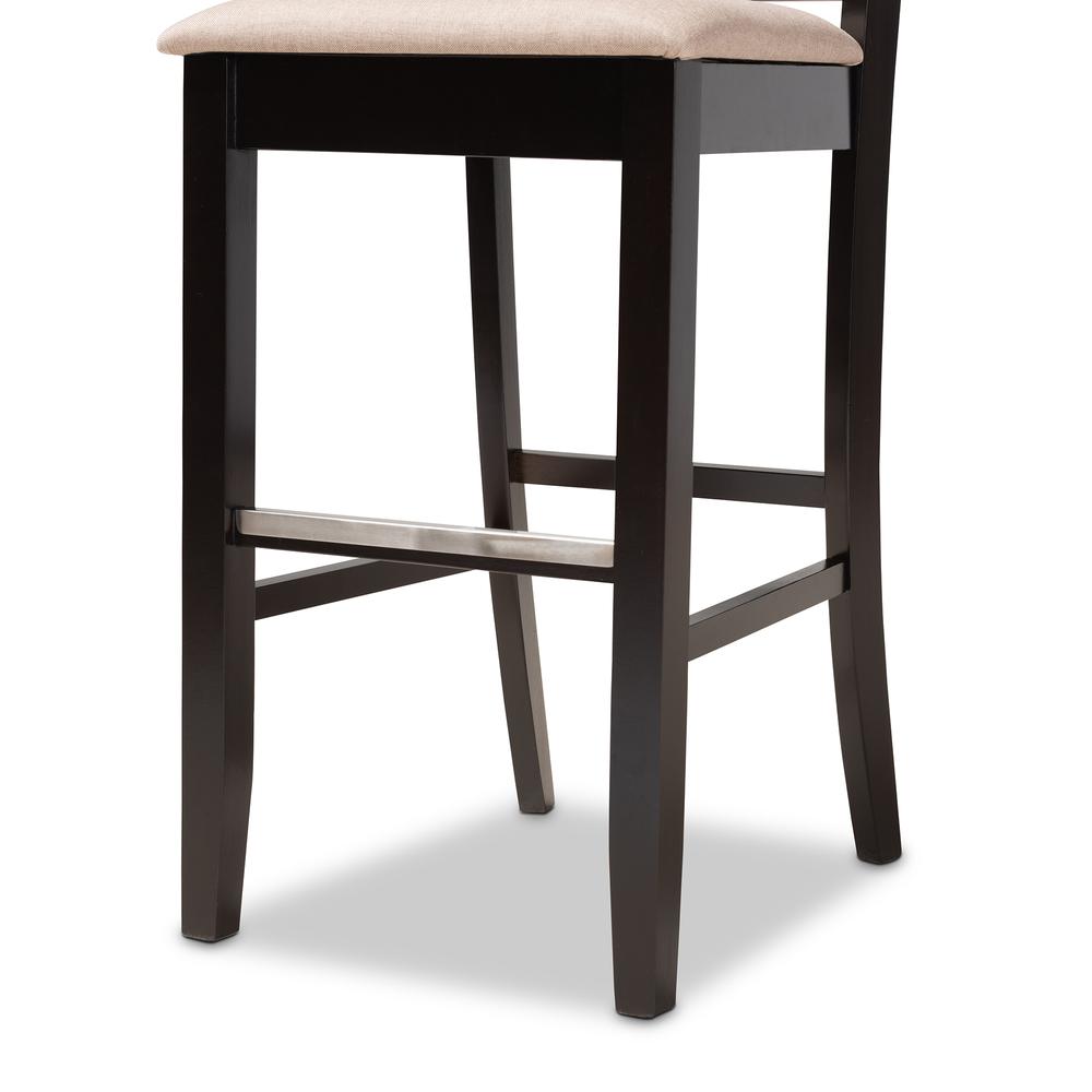 Sand Fabric Upholstered and Espresso Brown Finished Wood 2-Piece Bar Stool Set. Picture 15