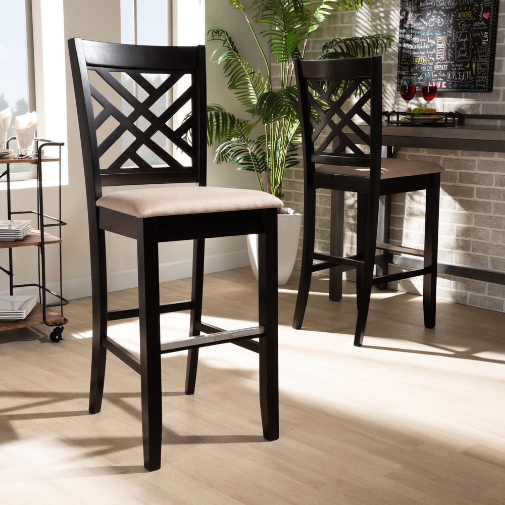 Sand Fabric Upholstered and Espresso Brown Finished Wood 2-Piece Bar Stool Set. Picture 16