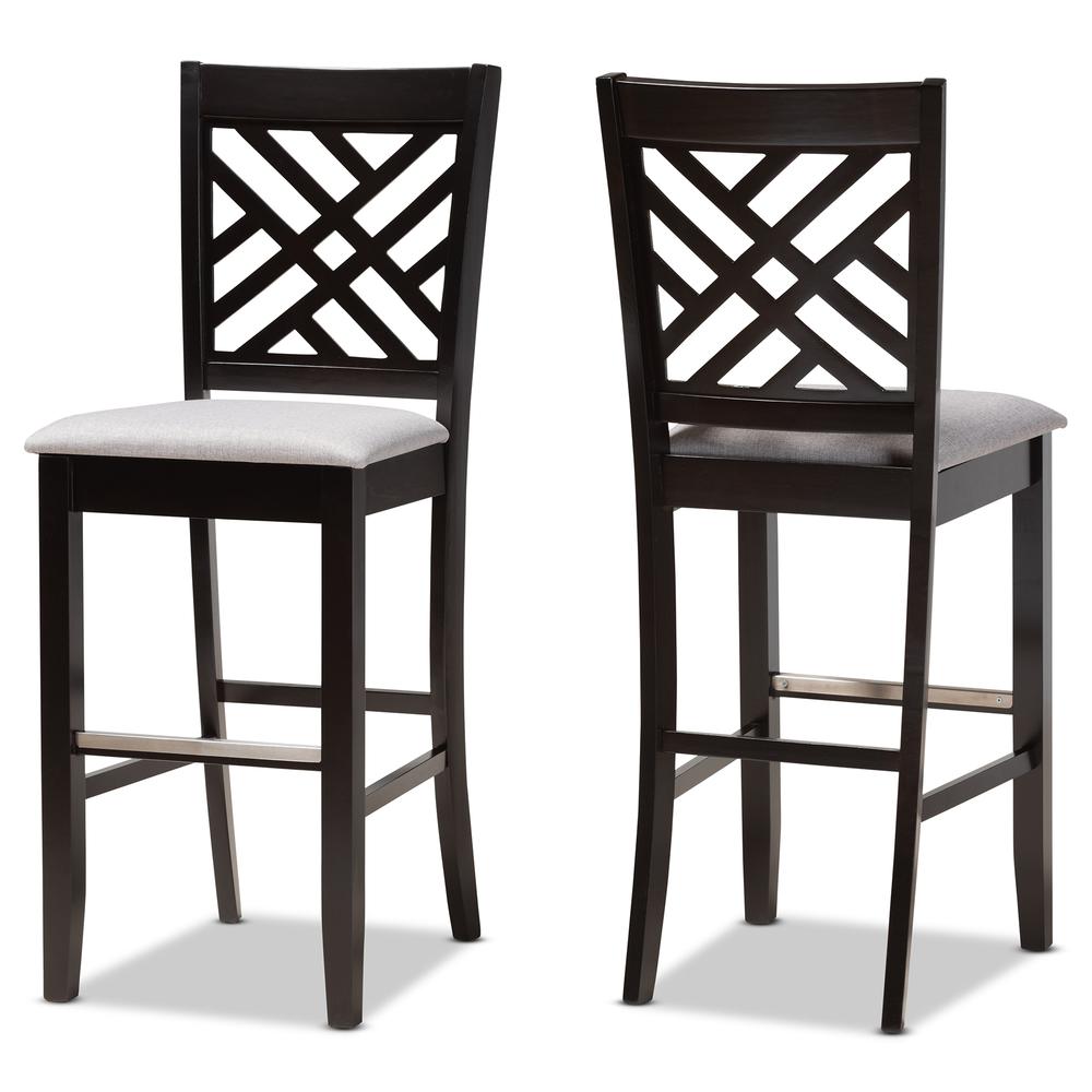Grey Fabric Upholstered and Espresso Brown Finished Wood 2-Piece Bar Stool Set. Picture 10