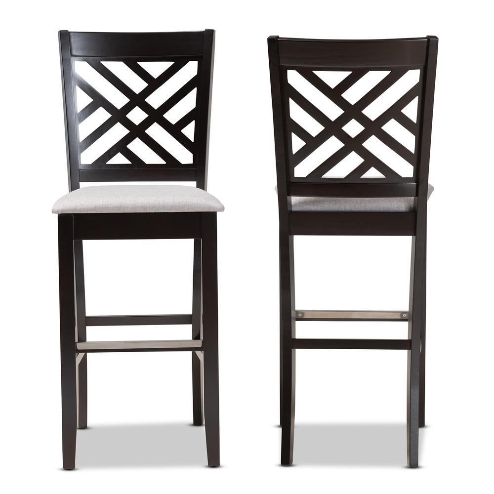 Grey Fabric Upholstered and Espresso Brown Finished Wood 2-Piece Bar Stool Set. Picture 11