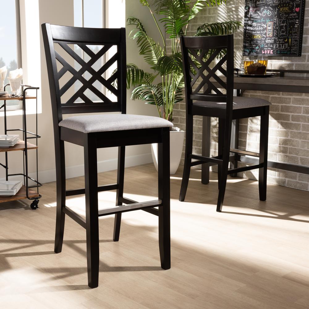 Grey Fabric Upholstered and Espresso Brown Finished Wood 2-Piece Bar Stool Set. Picture 16