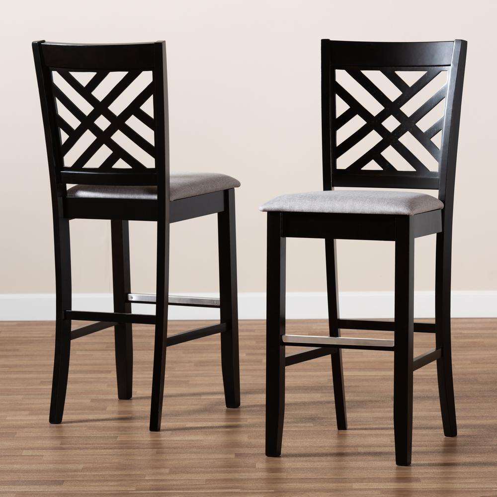 Grey Fabric Upholstered and Espresso Brown Finished Wood 2-Piece Bar Stool Set. Picture 17
