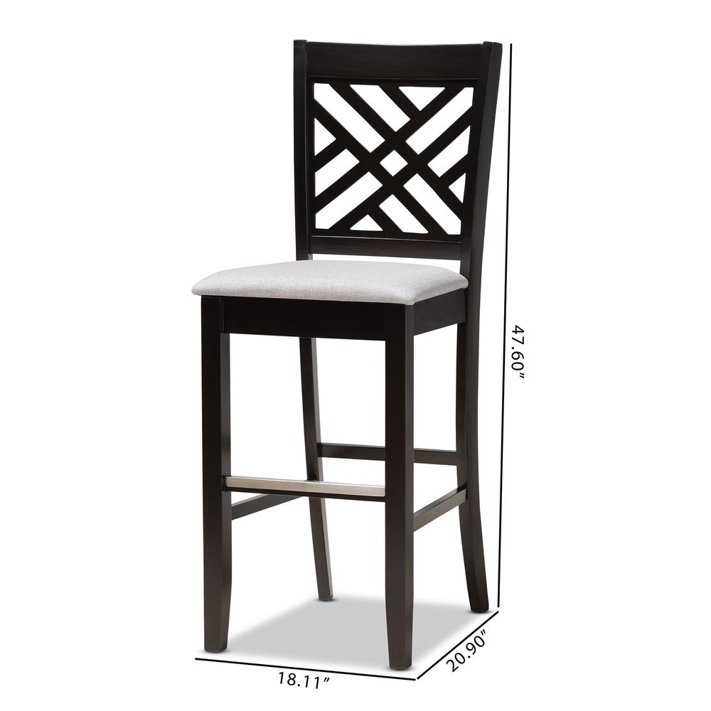 Grey Fabric Upholstered and Espresso Brown Finished Wood 2-Piece Bar Stool Set. Picture 18
