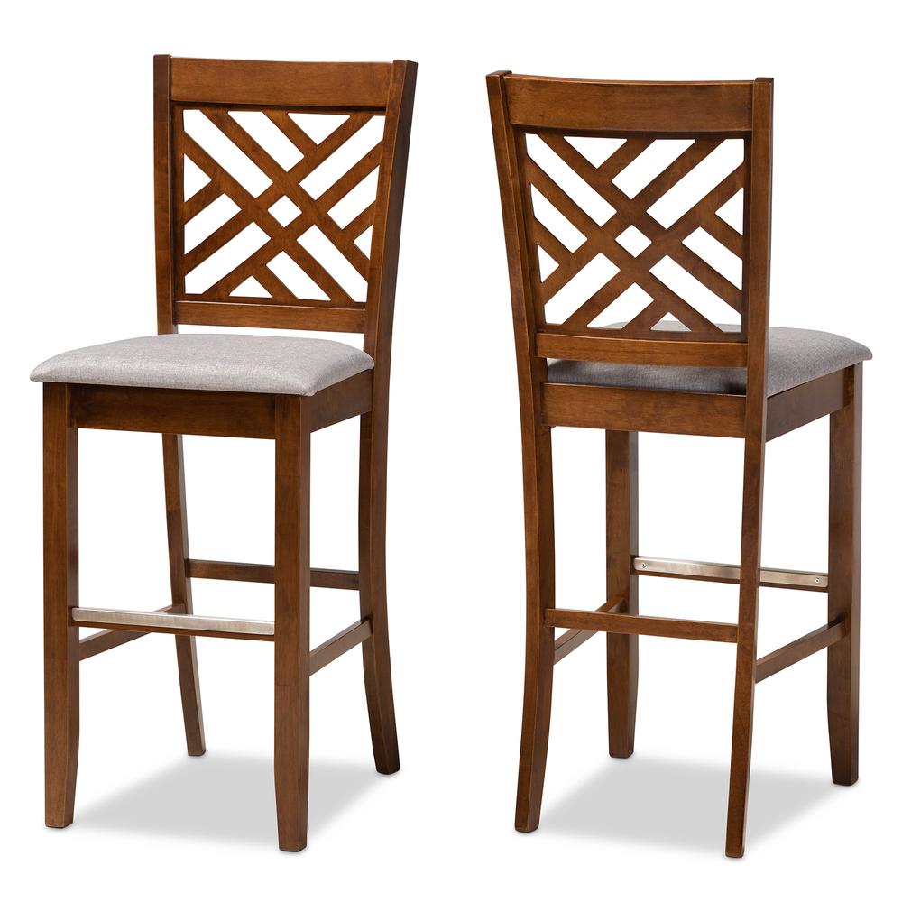 Grey Fabric Upholstered and Walnut Brown Finished Wood 2-Piece Bar Stool Set. Picture 10