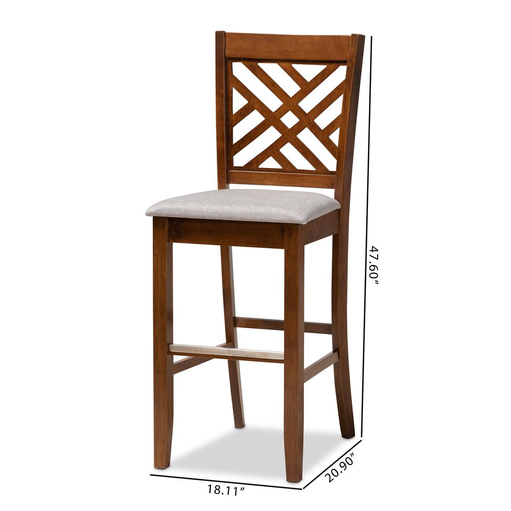 Grey Fabric Upholstered and Walnut Brown Finished Wood 2-Piece Bar Stool Set. Picture 18