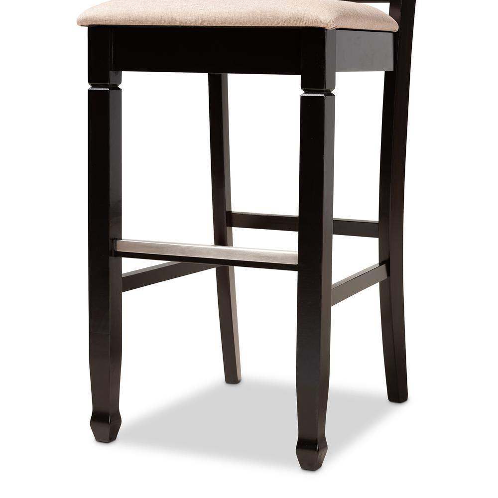 Sand Fabric Upholstered and Espresso Brown Finished Wood 2-Piece Bar Stool Set. Picture 15