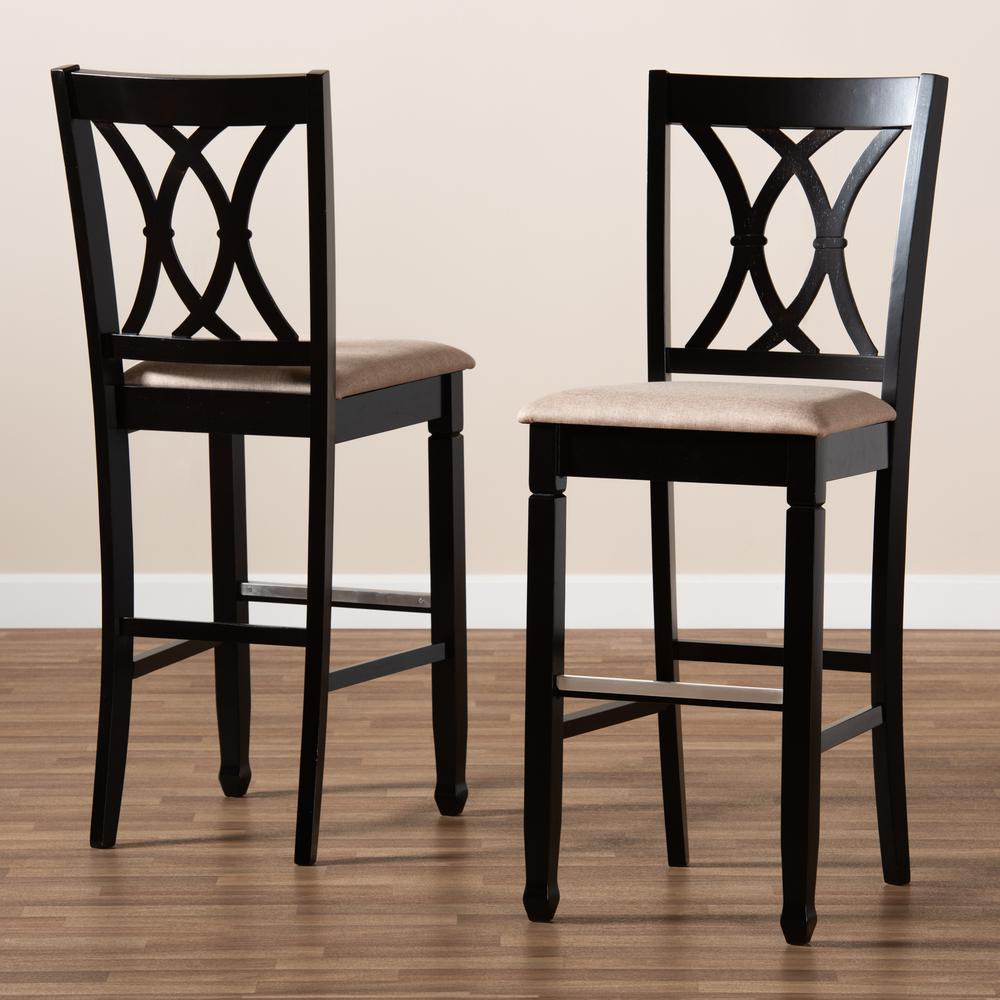 Sand Fabric Upholstered and Espresso Brown Finished Wood 2-Piece Bar Stool Set. Picture 17