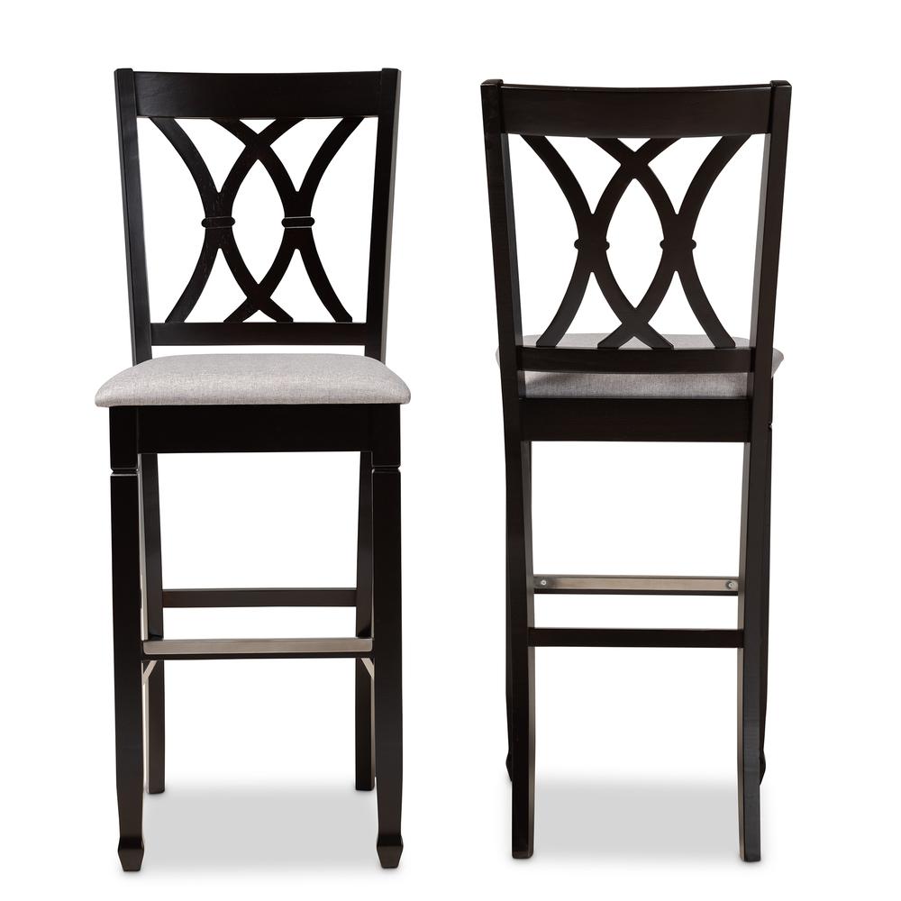 Grey Fabric Upholstered and Espresso Brown Finished Wood 2-Piece Bar Stool Set. Picture 11