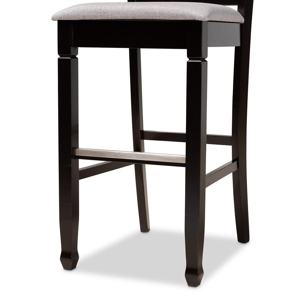 Grey Fabric Upholstered and Espresso Brown Finished Wood 2-Piece Bar Stool Set. Picture 15