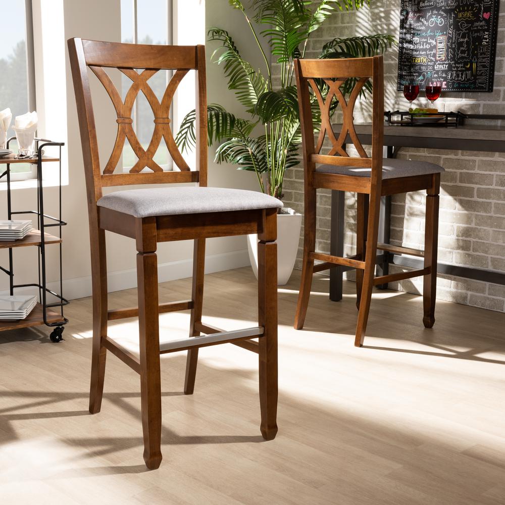 Grey Fabric Upholstered and Walnut Brown Finished Wood 2-Piece Bar Stool Set. Picture 16