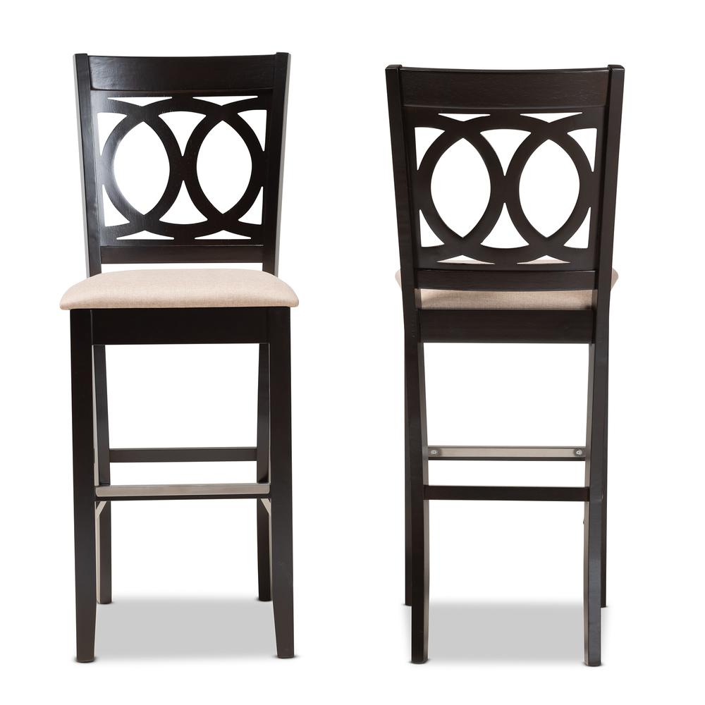 Sand Fabric Upholstered and Espresso Brown Finished Wood 2-Piece Bar Stool Set. Picture 11