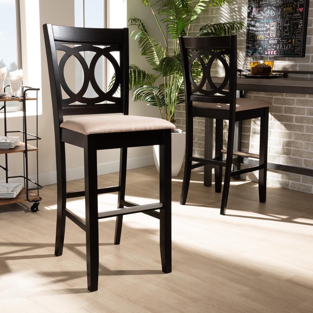 Sand Fabric Upholstered and Espresso Brown Finished Wood 2-Piece Bar Stool Set. Picture 16