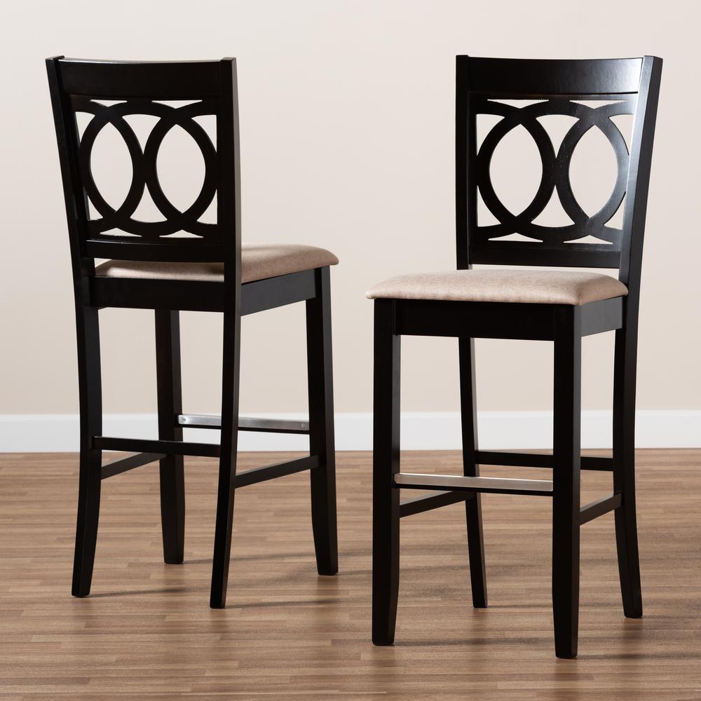 Sand Fabric Upholstered and Espresso Brown Finished Wood 2-Piece Bar Stool Set. Picture 17