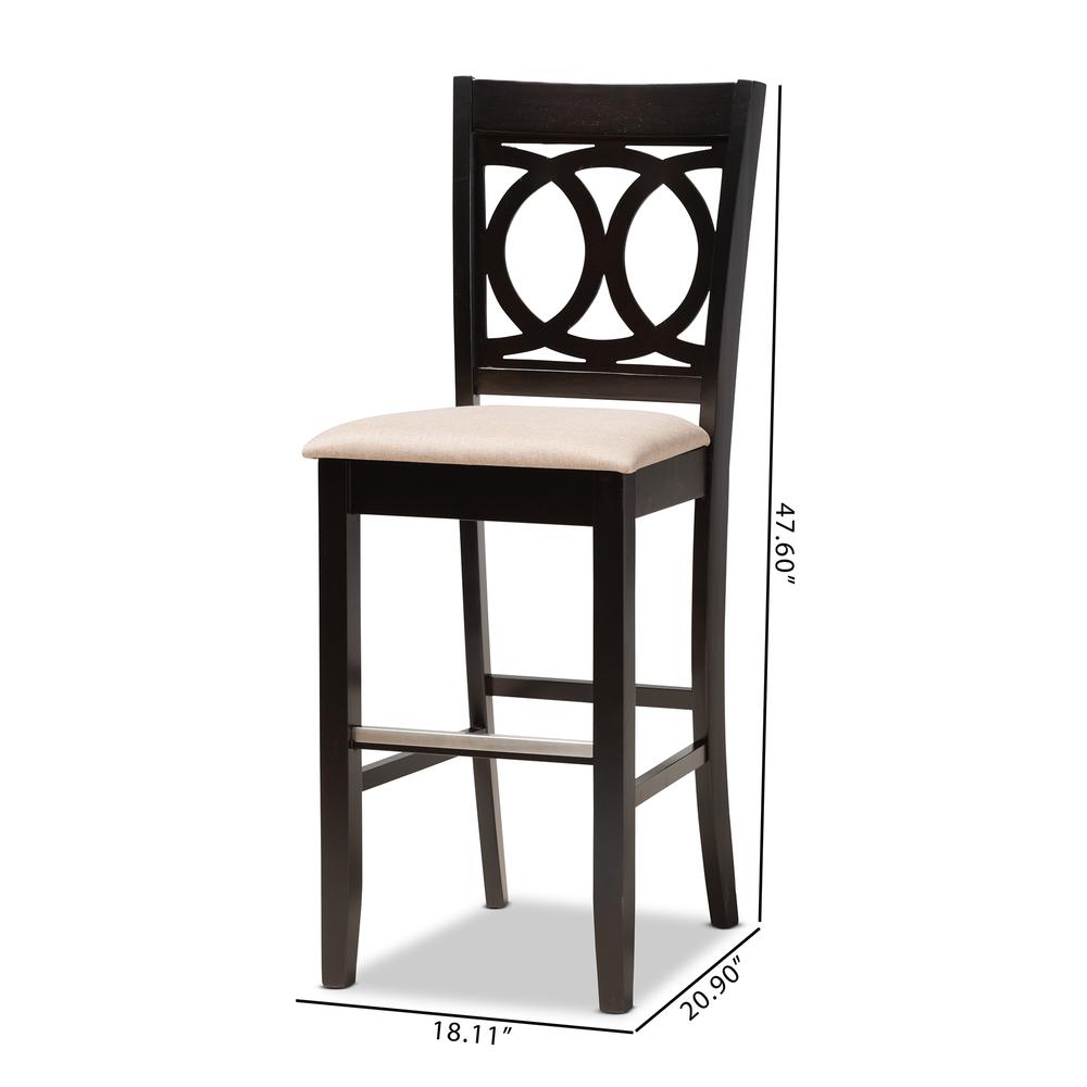 Sand Fabric Upholstered and Espresso Brown Finished Wood 2-Piece Bar Stool Set. Picture 18