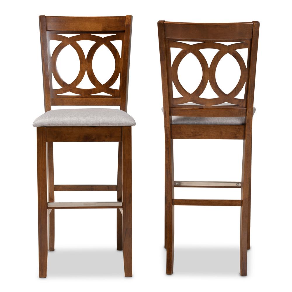 Grey Fabric Upholstered and Walnut Brown Finished Wood 2-Piece Bar Stool Set. Picture 11