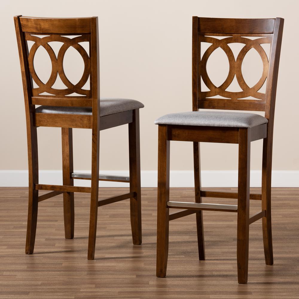 Grey Fabric Upholstered and Walnut Brown Finished Wood 2-Piece Bar Stool Set. Picture 17