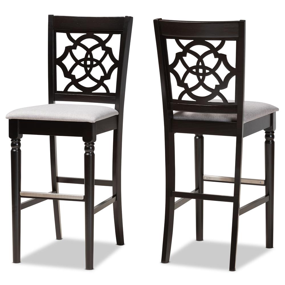 Grey Fabric Upholstered and Espresso Brown Finished Wood 2-Piece Bar Stool Set. Picture 10