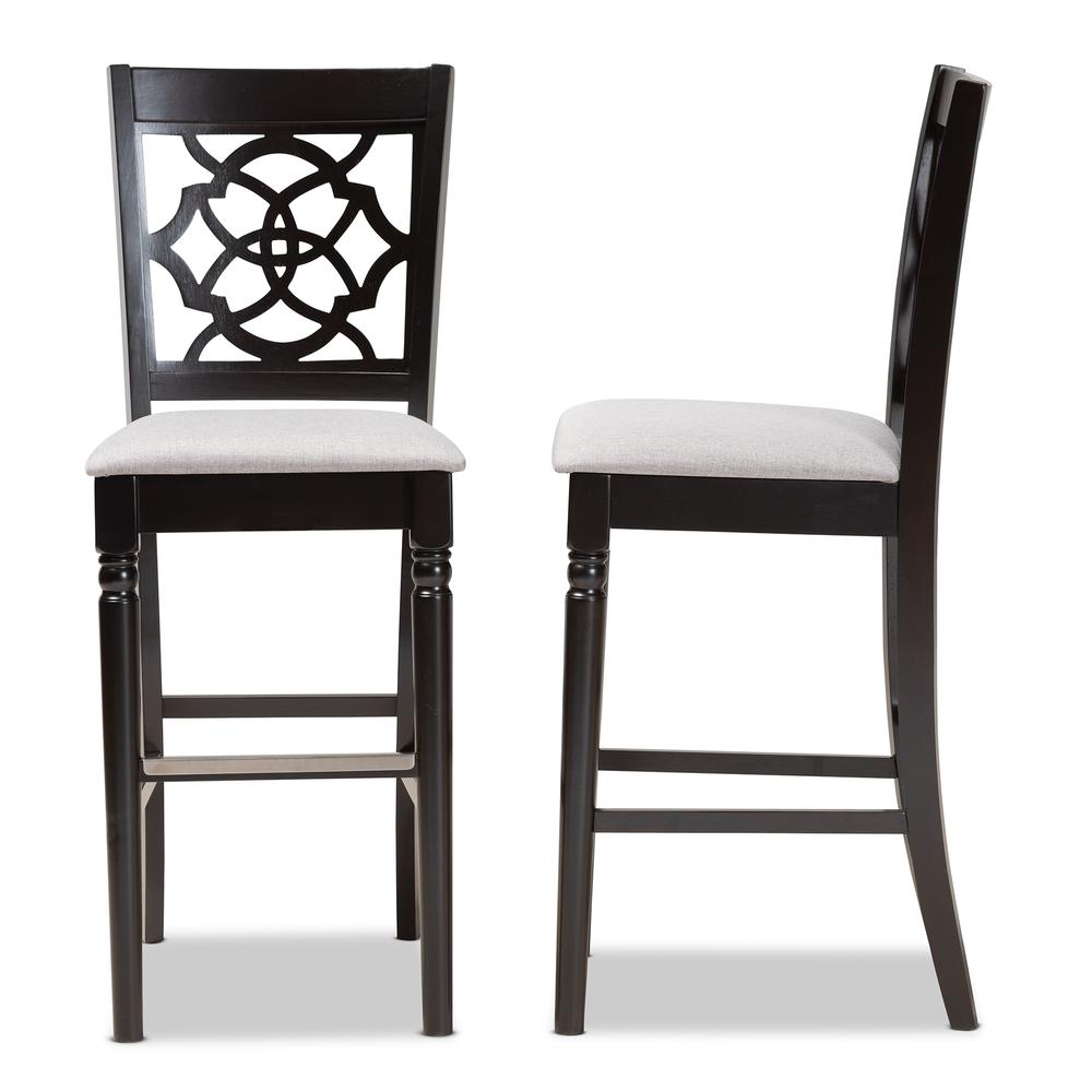 Grey Fabric Upholstered and Espresso Brown Finished Wood 2-Piece Bar Stool Set. Picture 12