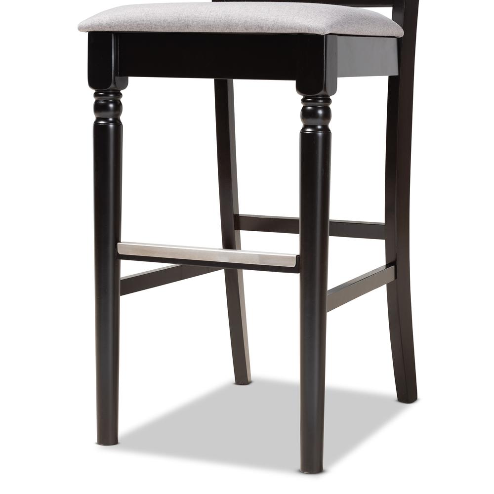 Grey Fabric Upholstered and Espresso Brown Finished Wood 2-Piece Bar Stool Set. Picture 15