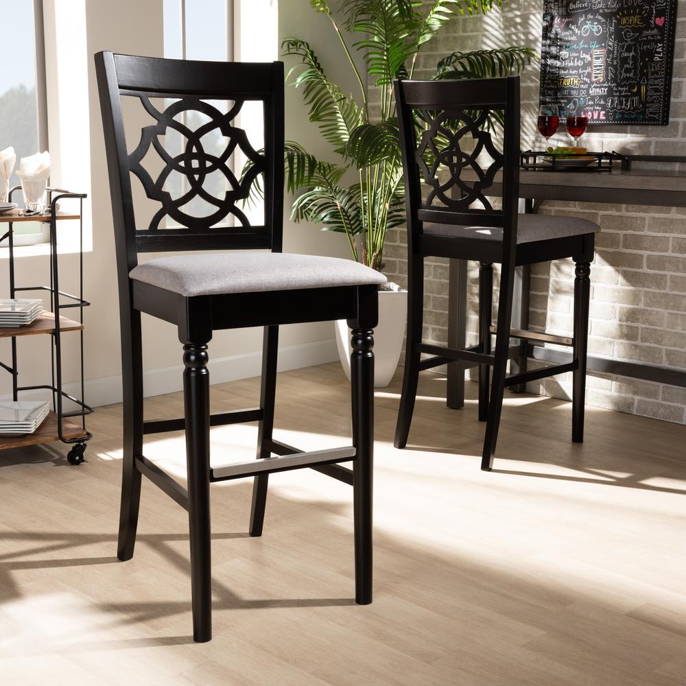 Grey Fabric Upholstered and Espresso Brown Finished Wood 2-Piece Bar Stool Set. Picture 16
