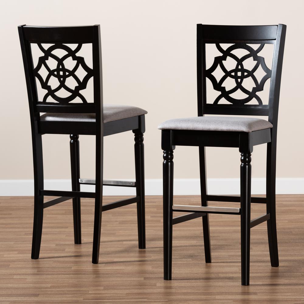 Grey Fabric Upholstered and Espresso Brown Finished Wood 2-Piece Bar Stool Set. Picture 17