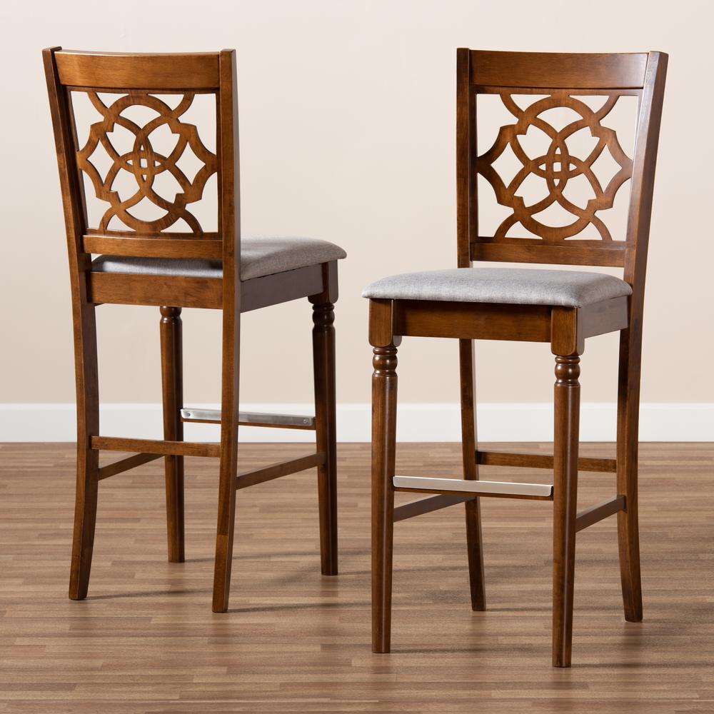 Grey Fabric Upholstered and Walnut Brown Finished Wood 2-Piece Bar Stool Set. Picture 17