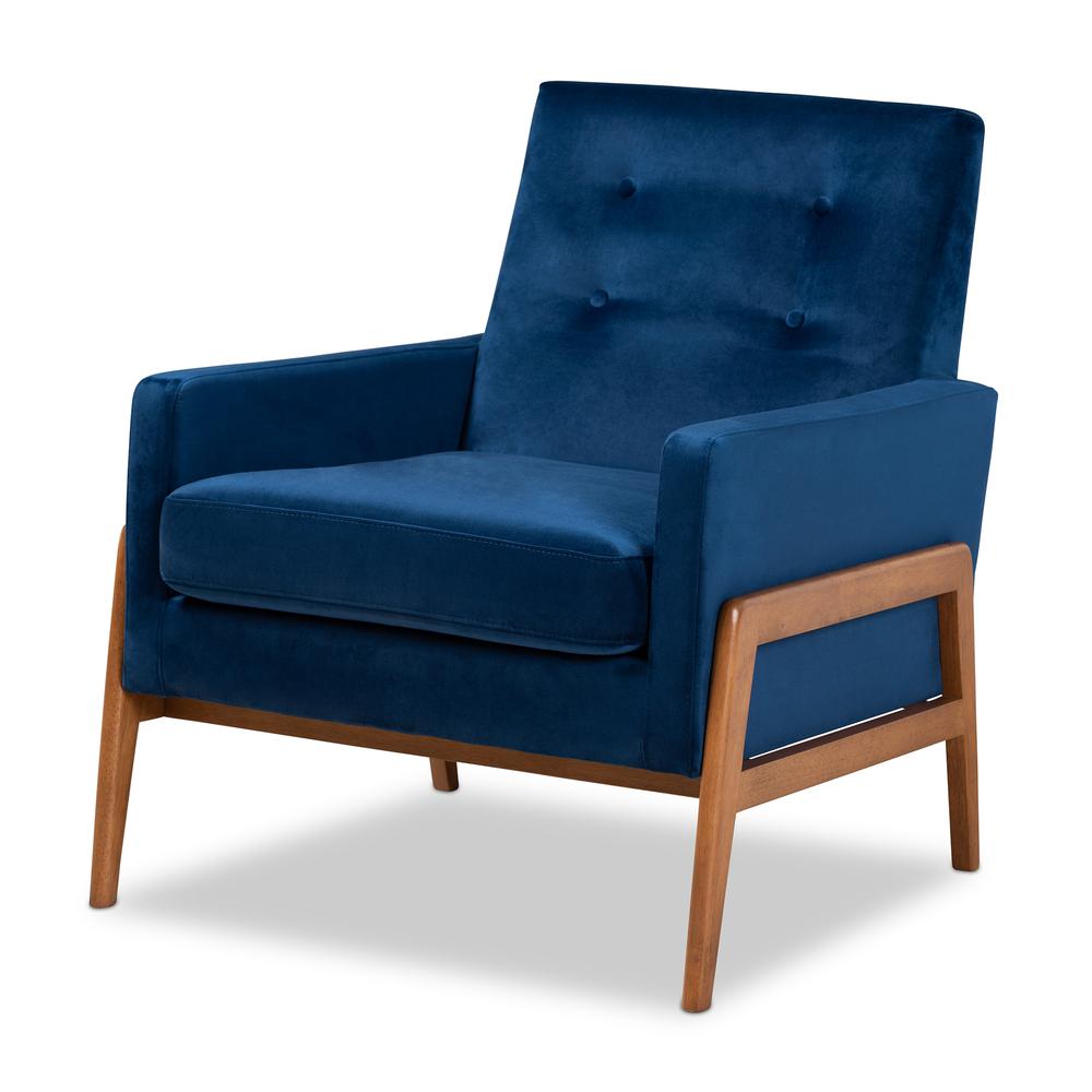 Navy Blue Velvet Fabric Upholstered and Walnut Brown Finished Wood Lounge Chair. Picture 10