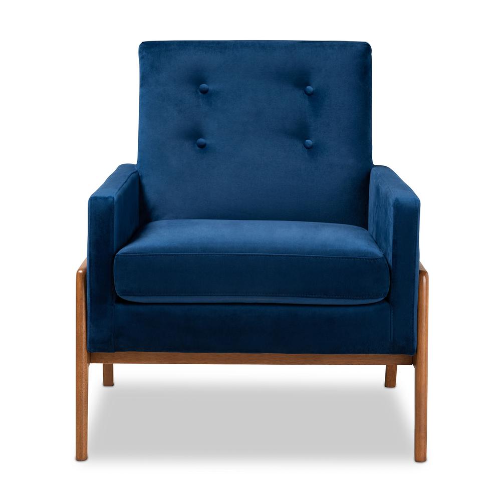 Navy Blue Velvet Fabric Upholstered and Walnut Brown Finished Wood Lounge Chair. Picture 11