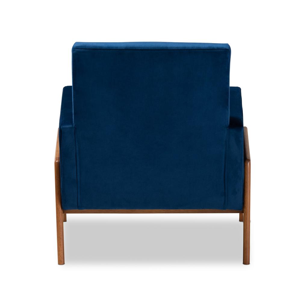 Navy Blue Velvet Fabric Upholstered and Walnut Brown Finished Wood Lounge Chair. Picture 13