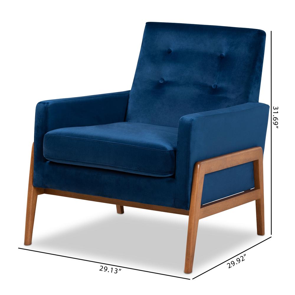 Navy Blue Velvet Fabric Upholstered and Walnut Brown Finished Wood Lounge Chair. Picture 18