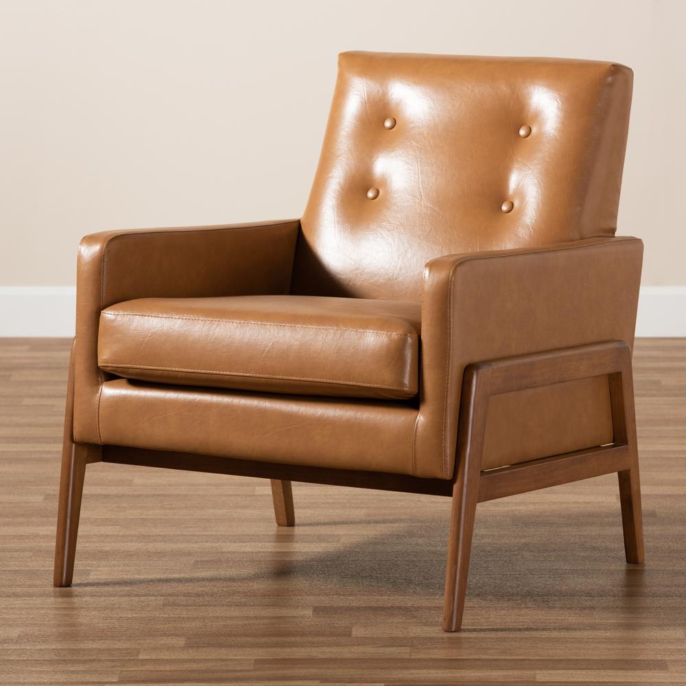 Leather Upholstered and Walnut Brown Finished Wood Lounge Chair. Picture 17