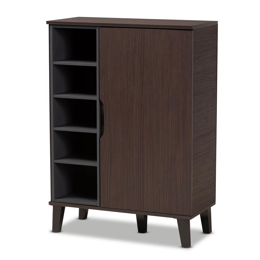 Two-Tone Dark Brown and Grey Finished Wood 1-Door Shoe Cabinet. Picture 11