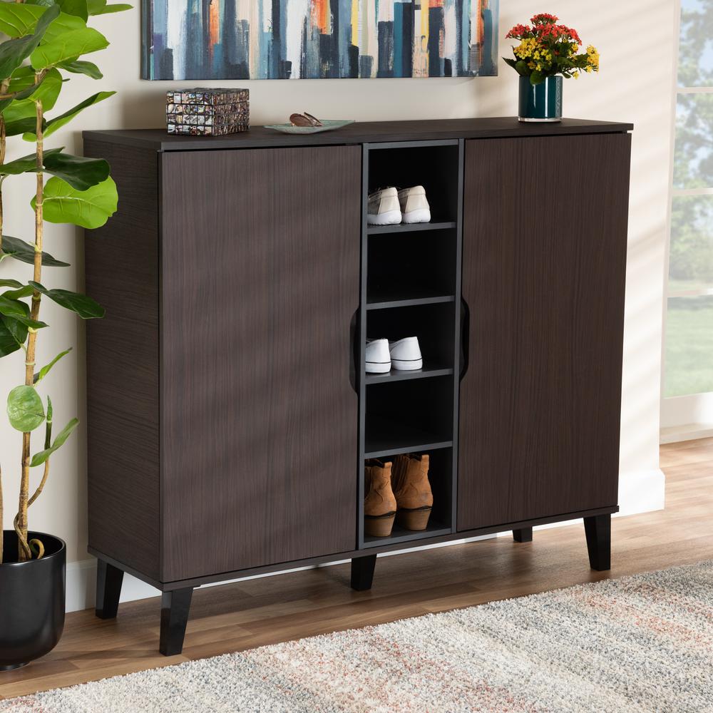 Two-Tone Dark Brown and Grey Finished Wood 2-Door Shoe Cabinet. Picture 17