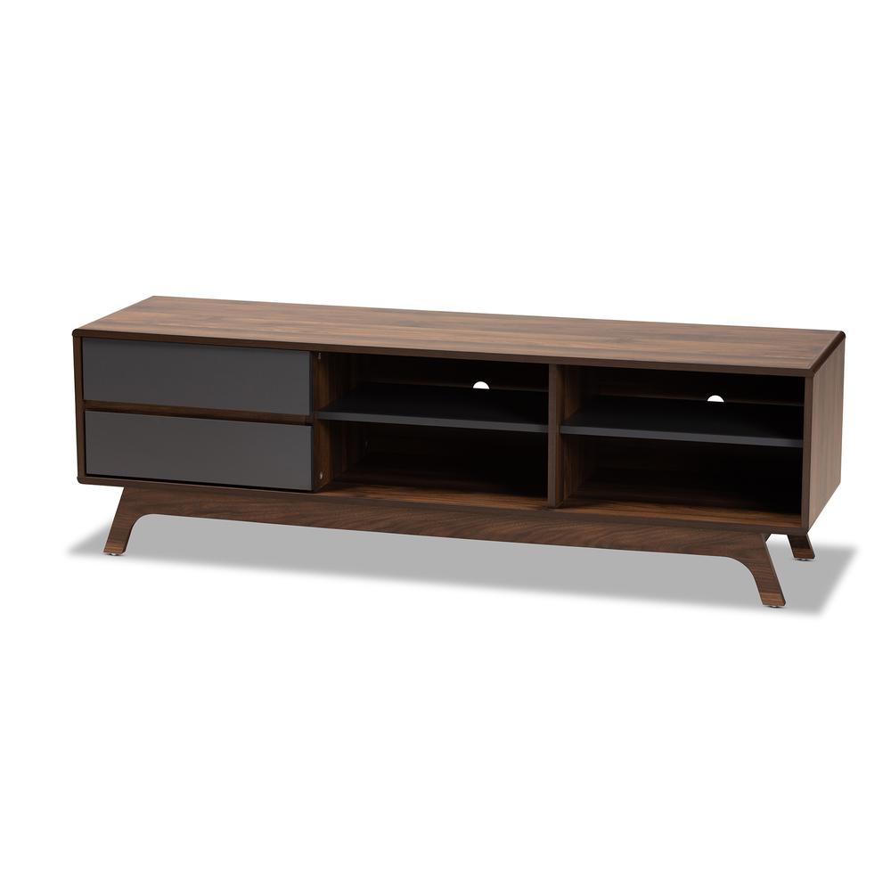 Koji Mid-Century Modern Two-Tone Grey and Walnut Finished Wood 2-Drawer TV Stand. Picture 10