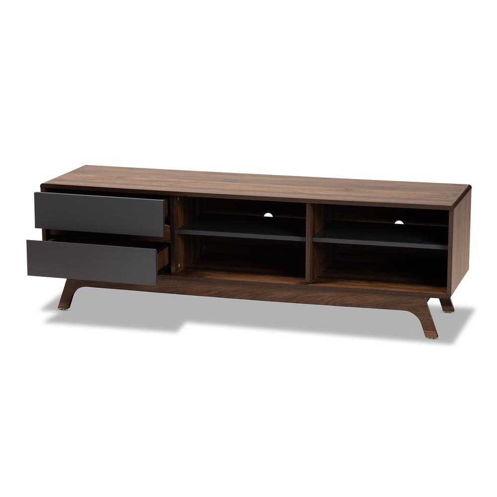 Koji Mid-Century Modern Two-Tone Grey and Walnut Finished Wood 2-Drawer TV Stand. Picture 11