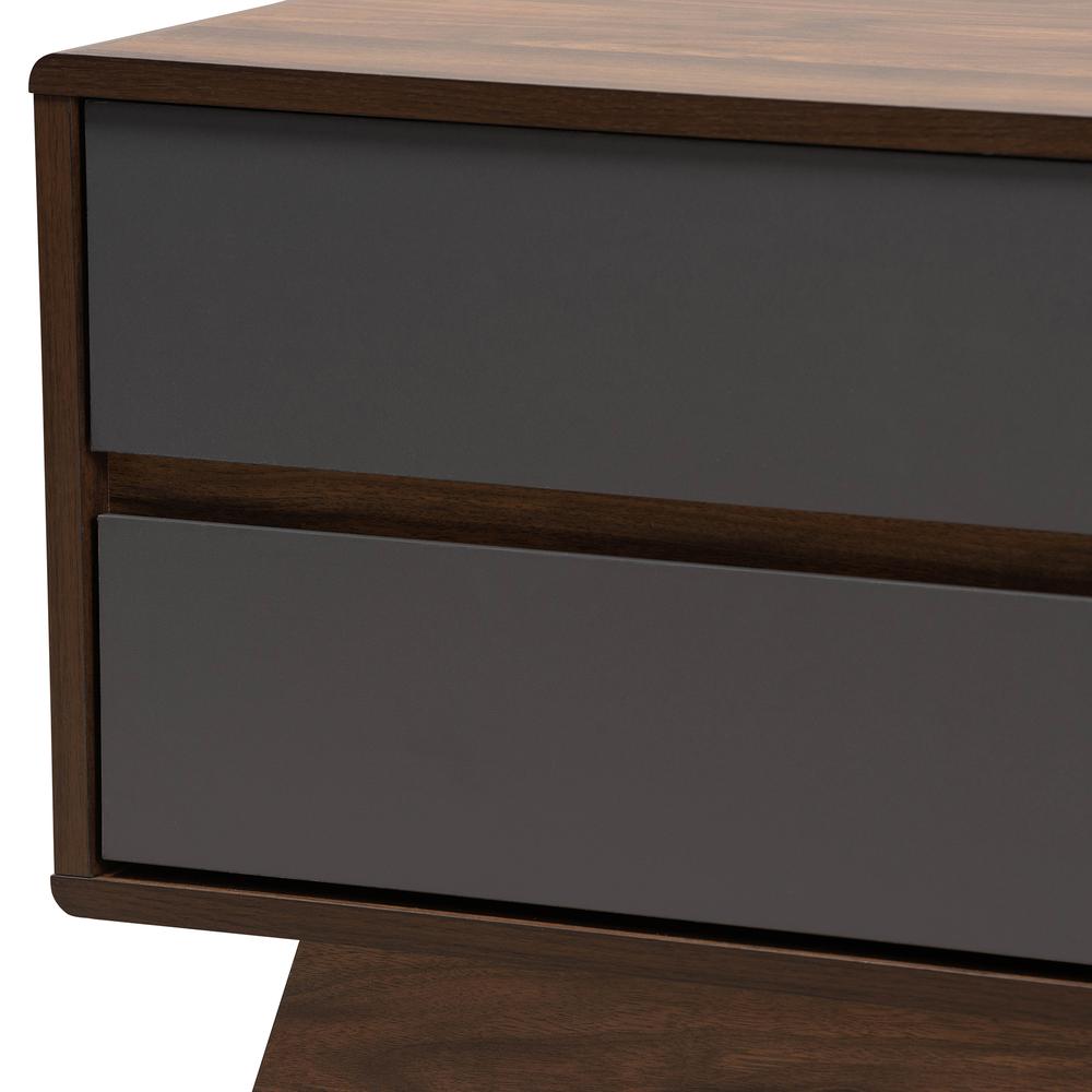 Koji Mid-Century Modern Two-Tone Grey and Walnut Finished Wood 2-Drawer TV Stand. Picture 14