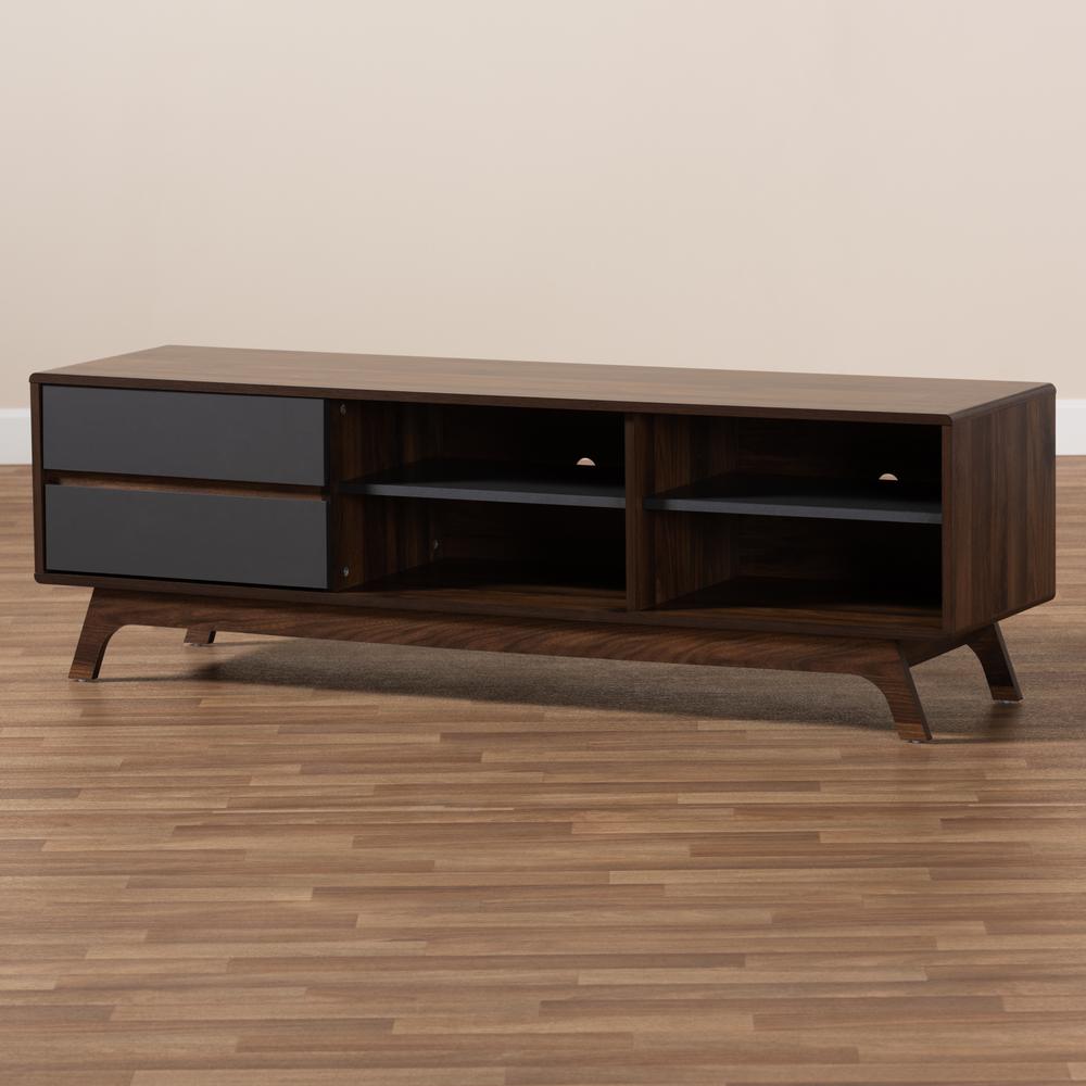 Koji Mid-Century Modern Two-Tone Grey and Walnut Finished Wood 2-Drawer TV Stand. Picture 17