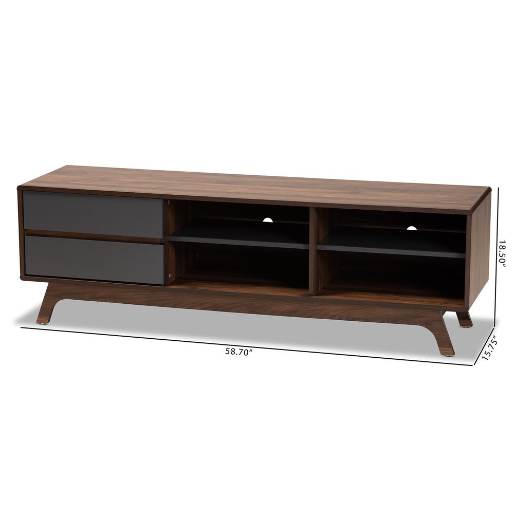 Koji Mid-Century Modern Two-Tone Grey and Walnut Finished Wood 2-Drawer TV Stand. Picture 18