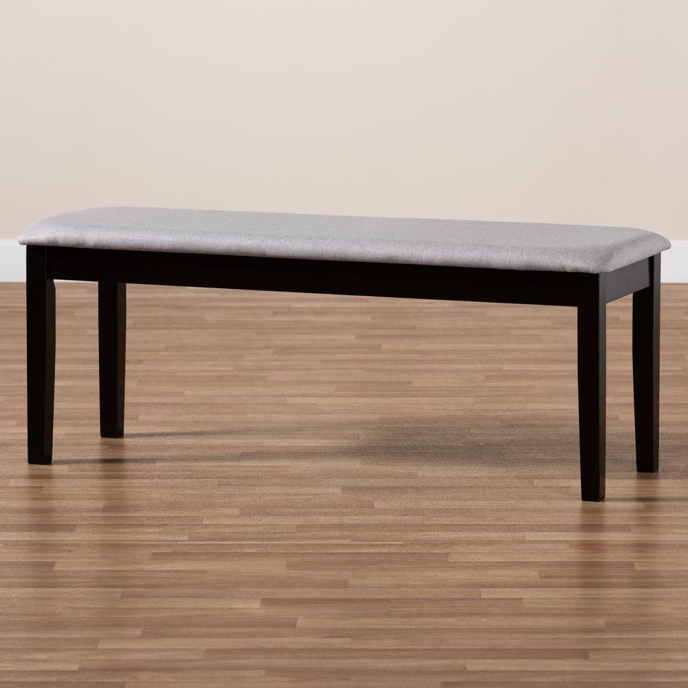 Transitional Grey Fabric Upholstered and Dark Brown Finished Wood Dining Bench. Picture 13