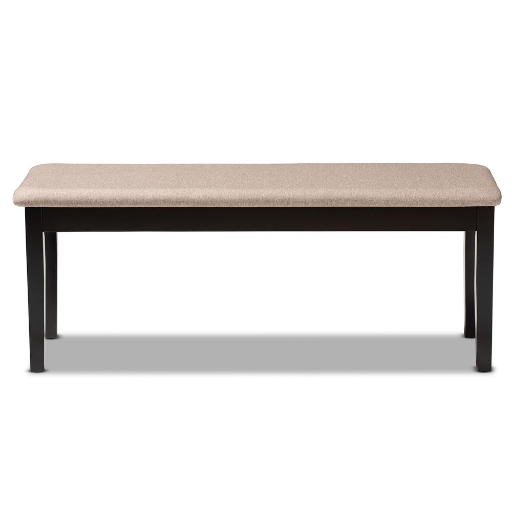 Transitional Sand Fabric Upholstered and Dark Brown Finished Wood Dining Bench. Picture 9