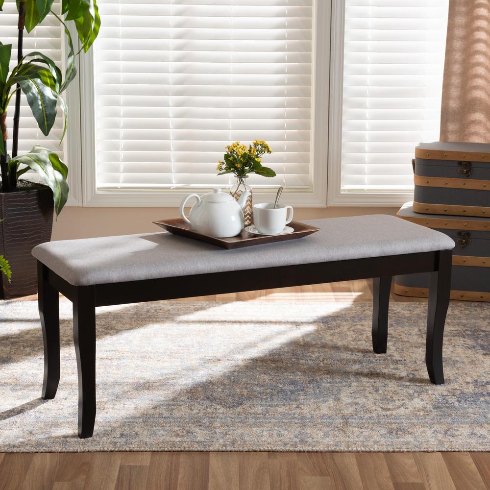 Transitional Grey Fabric Upholstered and Dark Brown Finished Wood Dining Bench. Picture 12