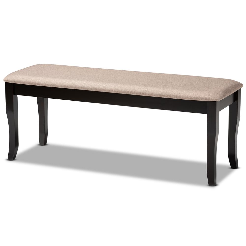 Transitional Sand Fabric Upholstered and Dark Brown Finished Wood Dining Bench. Picture 8
