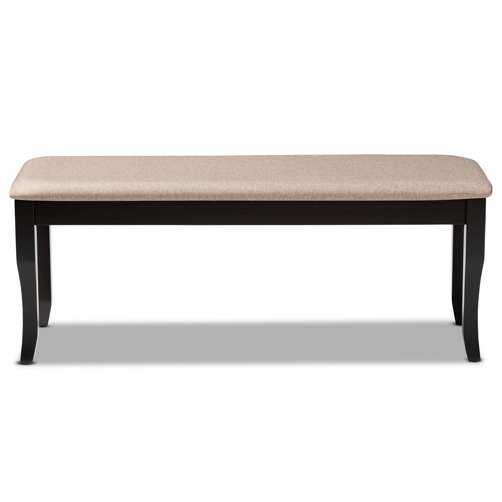 Transitional Sand Fabric Upholstered and Dark Brown Finished Wood Dining Bench. Picture 9